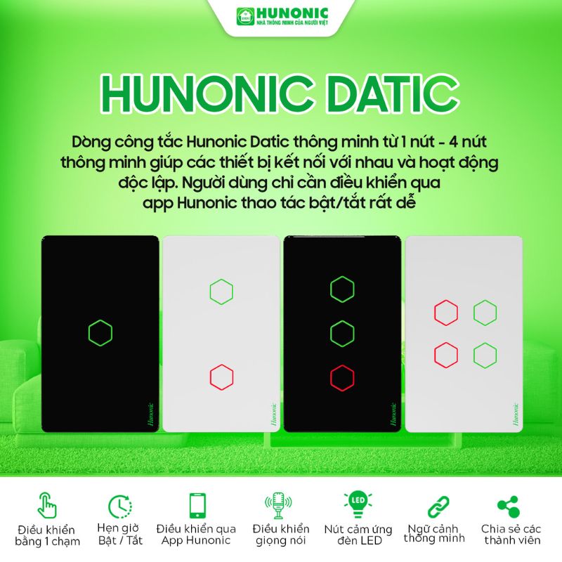 Công Tắc Cảm Ứng 2 Nút Wifi Hunonic Datic Màu Trắng